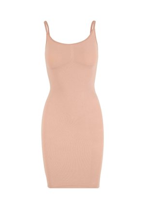 Ärmelloses, knielanges, tailliertes beiges Kleid mit dünnen, doppelten Schulterträgern und nahtlosem Design.