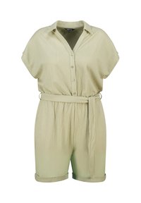 Groene textuur jumpsuit met korte mouwen, knopen aan de voorkant, een ceintuur in de taille en omgeslagen mouwen op de shorts. Gemaakt van lichtgewicht stof.