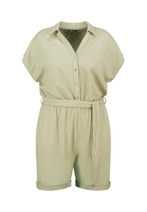 Groene textuur jumpsuit met korte mouwen, knopen aan de voorkant, een ceintuur in de taille en omgeslagen mouwen op de shorts. Gemaakt van lichtgewicht stof.