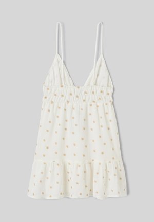Robe d'été blanche sans manches avec fines bretelles, taille élastique, ourlet à volants et petits motifs floraux dorés.