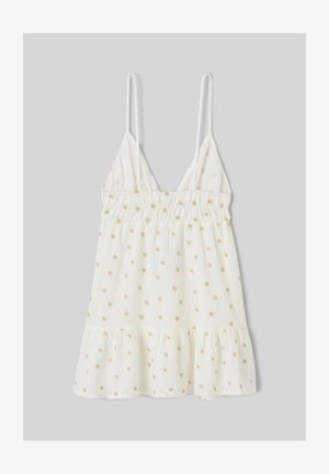 Robe d'été blanche sans manches avec fines bretelles, taille élastique, ourlet à volants et petits motifs floraux dorés.