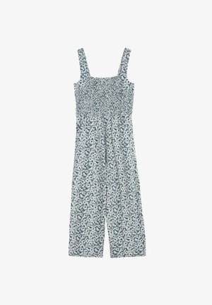 Bedruckter Jumpsuit mit einem gerafften Oberteil, weit geschnittenen Beinen und verstellbaren Trägern. Hat ein weißes Blumenmuster auf einem türkisfarbenen Hintergrund.