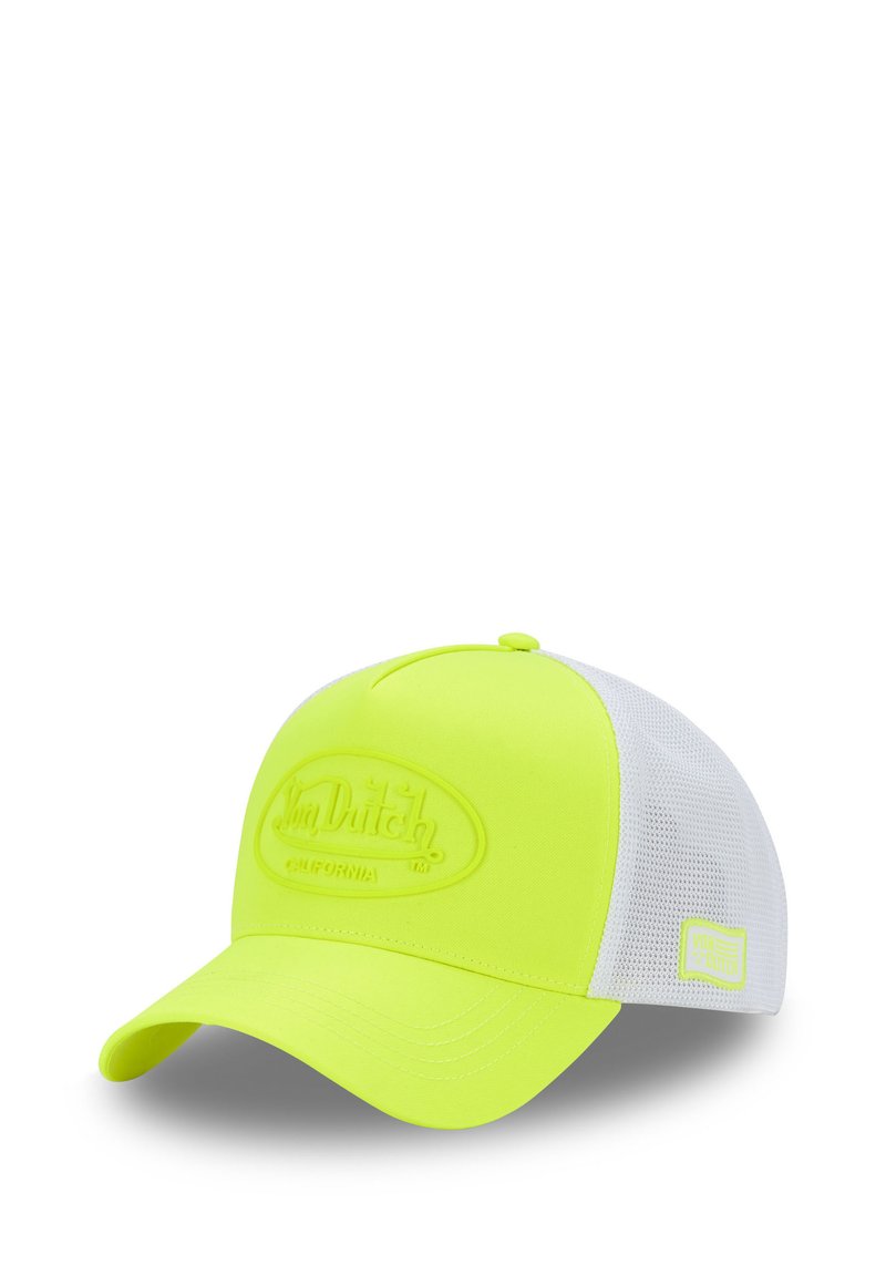 Casquette de baseball jaune néon avec une visière arrondie, des panneaux latéraux en mesh texturé et un logo surélevé à l'avant. Coutures blanches en accent.