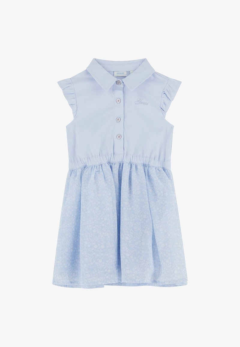 Svetlomodré šaty s golierom, gombíkovým zapínaním a rukávmi s volánmi. Sukňa je rozšírená s jemným kvetinovým vzorom.