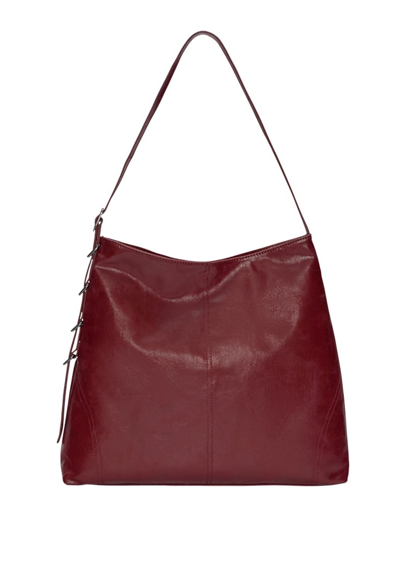 Burgunderfarbene Lederhandtasche mit glatter Oberfläche, einem einzelnen Schultergurt und dezentem Nahtdesign am Körper.