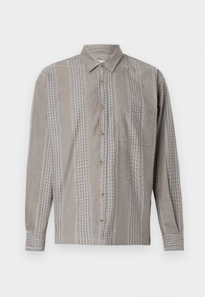 Long-sleeve button-up shirt in gray and beige plaid, featuring a chest pocket, classic collar, and contrasting stitching details.