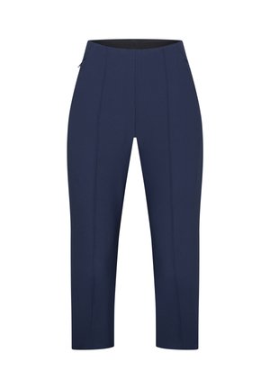 Marineblaue Hose mit figurbetontem Schnitt, glatter Textur, Seitentaschen und vertikalen Nahtdetails. Elastischer Bund für Komfort.
