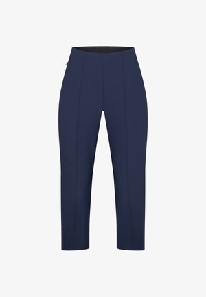 Marineblauwe broek met een aangesloten ontwerp, voorzien van een gladde textuur, zijzakken en verticale naaddetails. Elastische tailleband voor comfort.