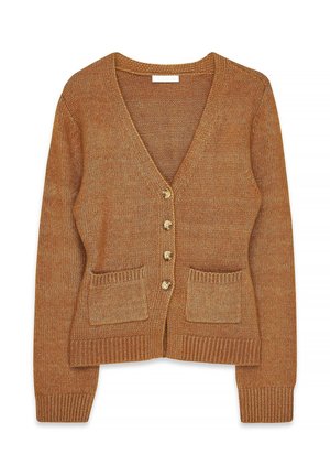 Braune Strickjacke mit V-Ausschnitt, fünf goldenen Knöpfen zum Schließen, zwei Vorder Taschen sowie gerippten Bündchen und Saum. Verstellbare Passform.