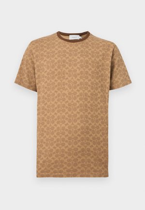Brown short-sleeve T-shirt with all-over pattern of overlapping Coach logo "C"s and a solid brown crew neckline.