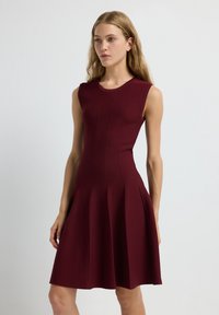 Robe sans manches bordeaux avec un corsage ajusté et une jupe évasée. Comprend des lignes verticales pour la texture et un tissu lisse.