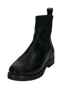 Black leather ankle boot with a ribbed black elastic shaft, pull tab at the heel, rounded toe, and textured rubber sole.