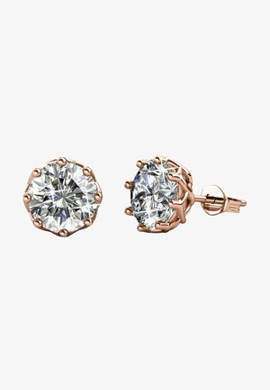 Orecchini a bottone rotondi con una pietra trasparente a taglio faccettato, montati in metallo color oro rosa con un design a sei griffe. Texture liscia e finitura lucida.