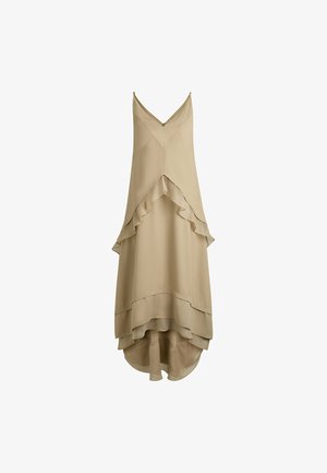 Beige dress with a V-neck and layered ruffles. Smooth, lightweight fabric. Asymmetrical hem with a flowy silhouette. Adjustable straps.