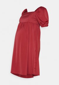 Vestido de maternidade vermelho em tecido satinado, com mangas curtas bufantes e decote quadrado. Design fluido com cintura franzida para maior conforto.