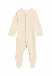 Beige Baumwollbabystrampler mit langen Ärmeln, Knopfverschluss vorne und Füßchen-Design. Weicher Stoff mit minimaler Textur und ohne Muster.