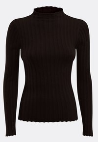 Sort langærmet rullekravesweater med ribstrikket tekstur og bølget kant. Fremstillet af blødt stof med tætsiddende pasform.