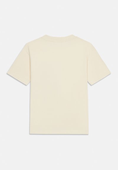 Plain short-sleeve beige T-shirt laid flat, showing the back side with a round neckline on a light background.