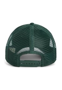 Cappellino verde in rete con chiusura a clip in plastica. Presenta un motivo geometricamente a rete, un visiera solida e un logo impresso sulla fascia.