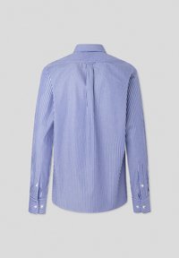 Camicia a maniche lunghe blu e bianca a righe, in cotone leggero, colletto standard, polsini con bottone, yoke posteriore con dettagli a piega.