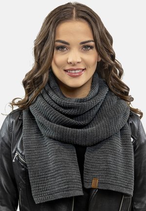 Dark gray knitted scarf with a textured rib pattern, draped around the neck, featuring a small leather accent tag. Worn with a black leather jacket.