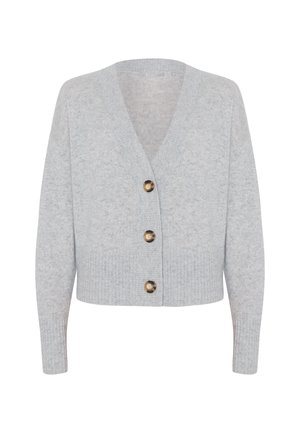 Light gray cropped cardigan made of knitted fabric, featuring a V-neck, ribbed hem, and three large brown buttons down the front.