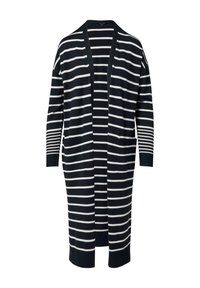 Langer Cardigan in Marineblau mit weißen horizontalen Streifen. Verfügt über eine offene Vorderseite, lange Ärmel und seitliche Taschen. Aus weichem Strickmaterial.