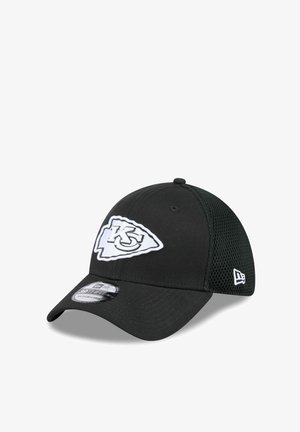 Black baseball cap with Kansas City Chiefs logo on front and mesh panel on back, medium-large size sticker on the brim.