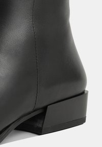 Schwarze Leder-Ankle Boots mit einer glatten Textur, ausgestattet mit einem niedrigen Blockabsatz und subtilen Nähten entlang der Nähte.