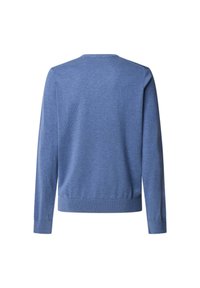 Maglione blu lavorato a maglia, colletto rotondo, maniche lunghe, polsini e orlo a coste. Tessuto morbido con una finitura liscia, senza motivi visibili o hardware.