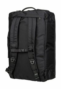 Black backpack featuring a rectangular shape, adjustable straps, and side buckles. Made from durable fabric with a textured finish.