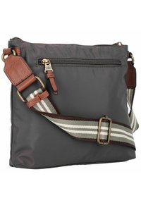 Sac bandoulière en nylon gris avec des accents en cuir marron, bandoulière rayée ajustable et poche zippée à l'avant. Forme compacte et texture douce.