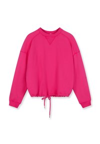 Sudadera rosa con mangas raglán y dobladillo fruncido. Presenta un cordón en la cintura y puños acanalados para un ajuste ceñido.