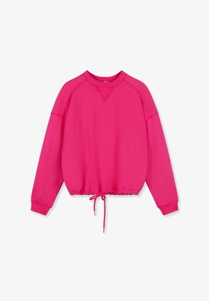 Sudadera rosa con mangas raglán y dobladillo fruncido. Presenta un cordón en la cintura y puños acanalados para un ajuste ceñido.