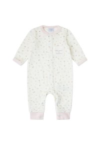 Pelele para bebé color crema claro con patrón pastel de animales y arcoíris, cierre frontal de broches y bolsillo etiquetado "pequeño bolsillo para tesoros".