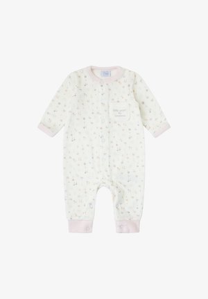 Pelele para bebé color crema claro con patrón pastel de animales y arcoíris, cierre frontal de broches y bolsillo etiquetado "pequeño bolsillo para tesoros".