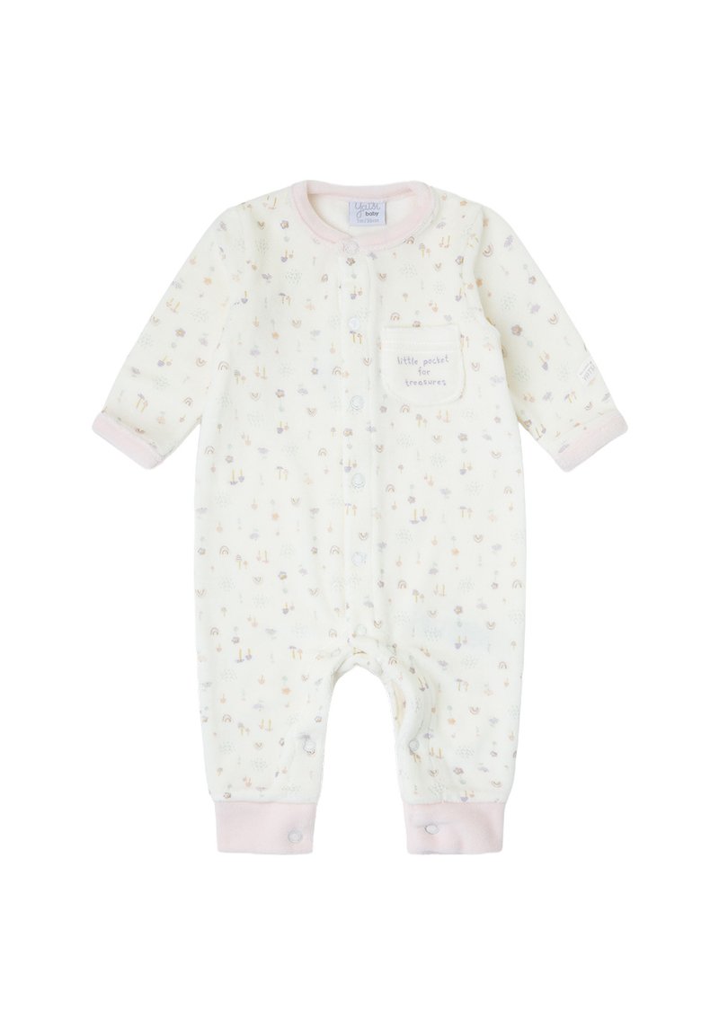 Pelele para bebé color crema claro con patrón pastel de animales y arcoíris, cierre frontal de broches y bolsillo etiquetado "pequeño bolsillo para tesoros".