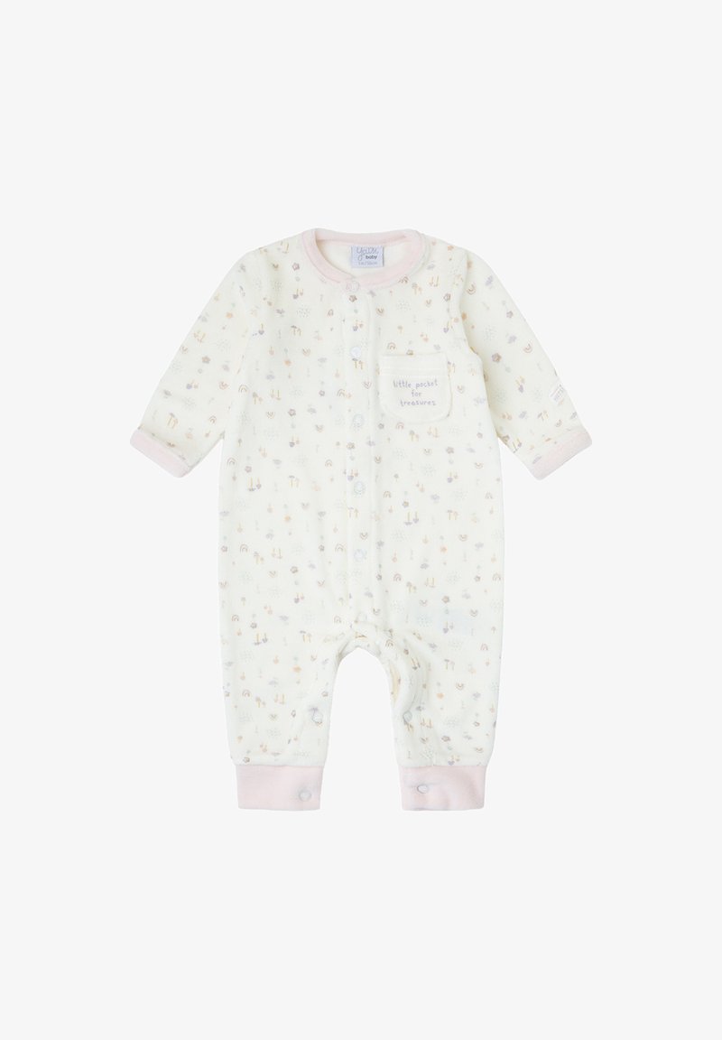 Pelele para bebé color crema claro con patrón pastel de animales y arcoíris, cierre frontal de broches y bolsillo etiquetado "pequeño bolsillo para tesoros".