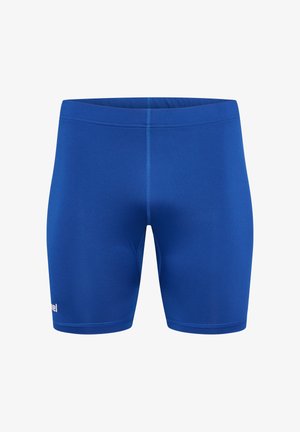 Niebieskie spodenki sportowe wykonane z elastycznego materiału, charakteryzujące się gładką fakturą, dopasowanym krojem i kontrastowym szwem. Logo w dolnym lewym rogu.