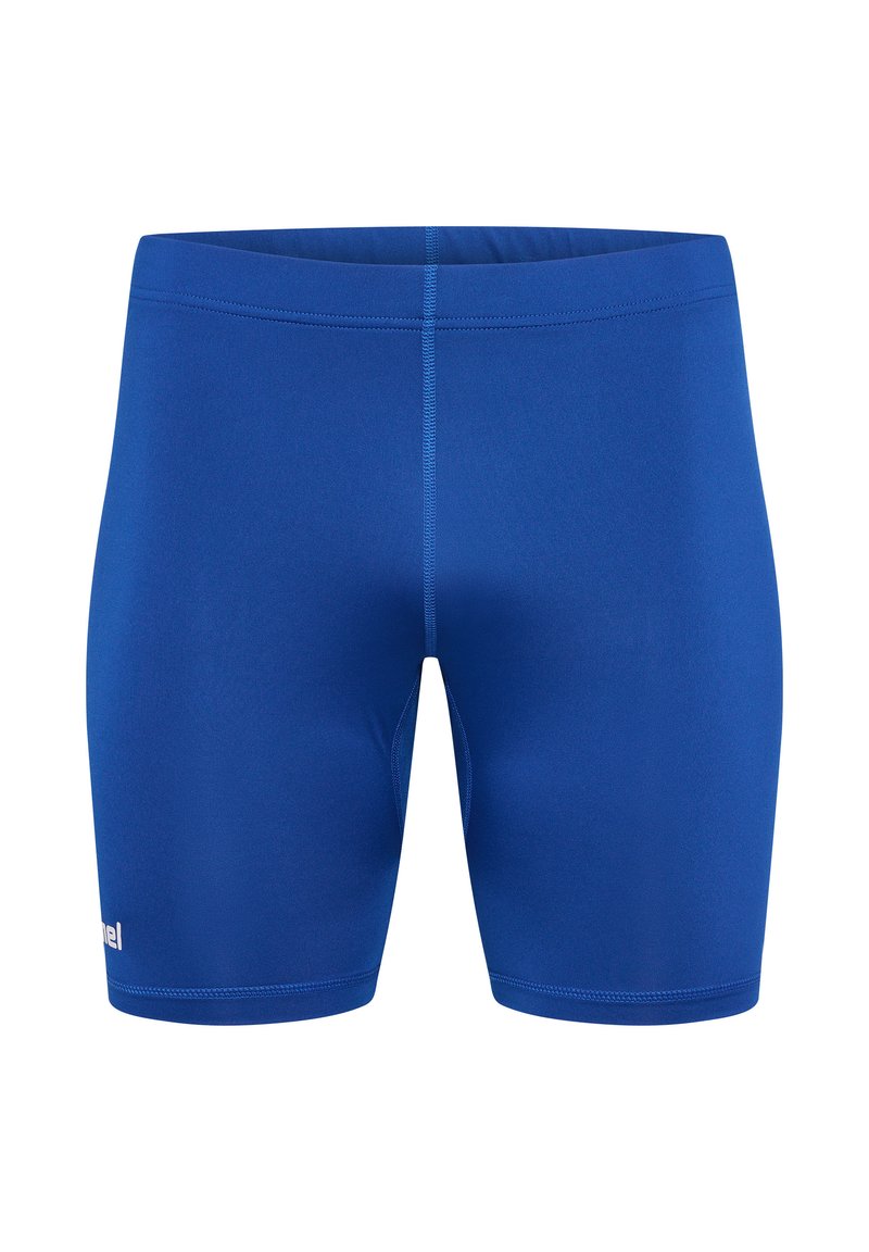 Blå sportshorts gjorda av stretchigt material, med en mjuk yta, åtsittande form och kontrasterande sömmar. Logotyp på nedre vänstra sidan.