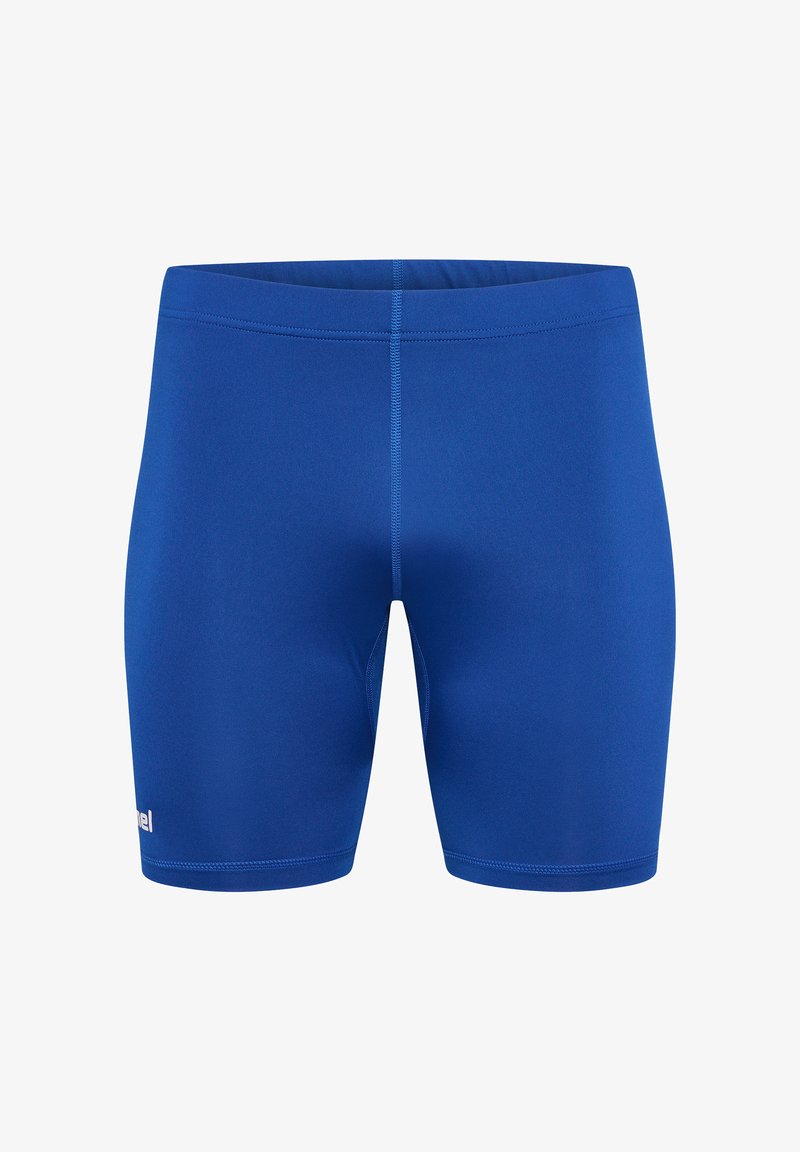 Blå sportshorts gjorda av stretchigt material, med en mjuk yta, åtsittande form och kontrasterande sömmar. Logotyp på nedre vänstra sidan.