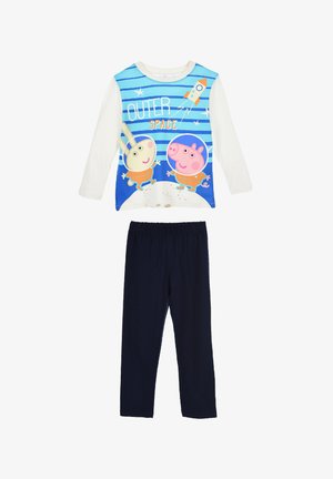 Two-piece children's pajama set featuring a blue and white long-sleeve top with cartoon characters and navy blue elastic waist pants.