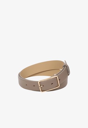 Leather belt in soft beige with a smooth texture, featuring a gold-tone rectangular buckle and multiple adjustment holes.