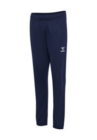 Pantaloni sportivi blu navy con vita elasticizzata, gambe affusolate e logo bianco Hummel sulla parte superiore della coscia sinistra.