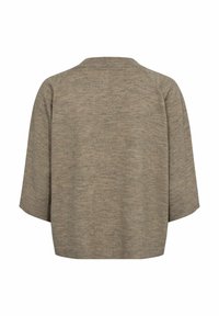 Pulover de culoare bej deschis, lejer, cu mâneci scurte, realizat dintr-un material tricotat moale, având un guler rotund și o textură interesantă.