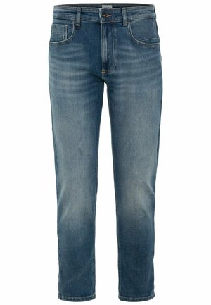 Blå denimjeans med lige ben, der har en midt-rise talje, diskret falmning og fem lommer til opbevaring.