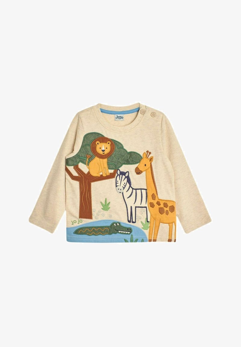 Cremefarvet langærmet skjorte med farverige dyremotiver: løve på et træ, giraf, zebra og krokodille, med blå detaljer forneden.