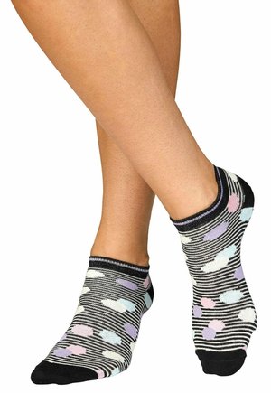 Black and white striped ankle socks featuring pastel-colored abstract shapes. Made of soft material, with ribbed cuffs for a snug fit.
