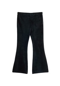 Pantalons évasés noirs en tissu doux et texturé, avec une taille lisse et des détails de couture subtils, conçus pour un look ajusté au niveau des hanches.
