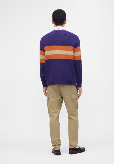 Homme portant un pull en maille torsadée violet avec des rayures orange et beige et un pantalon cargo beige, debout de dos sur un fond uni.